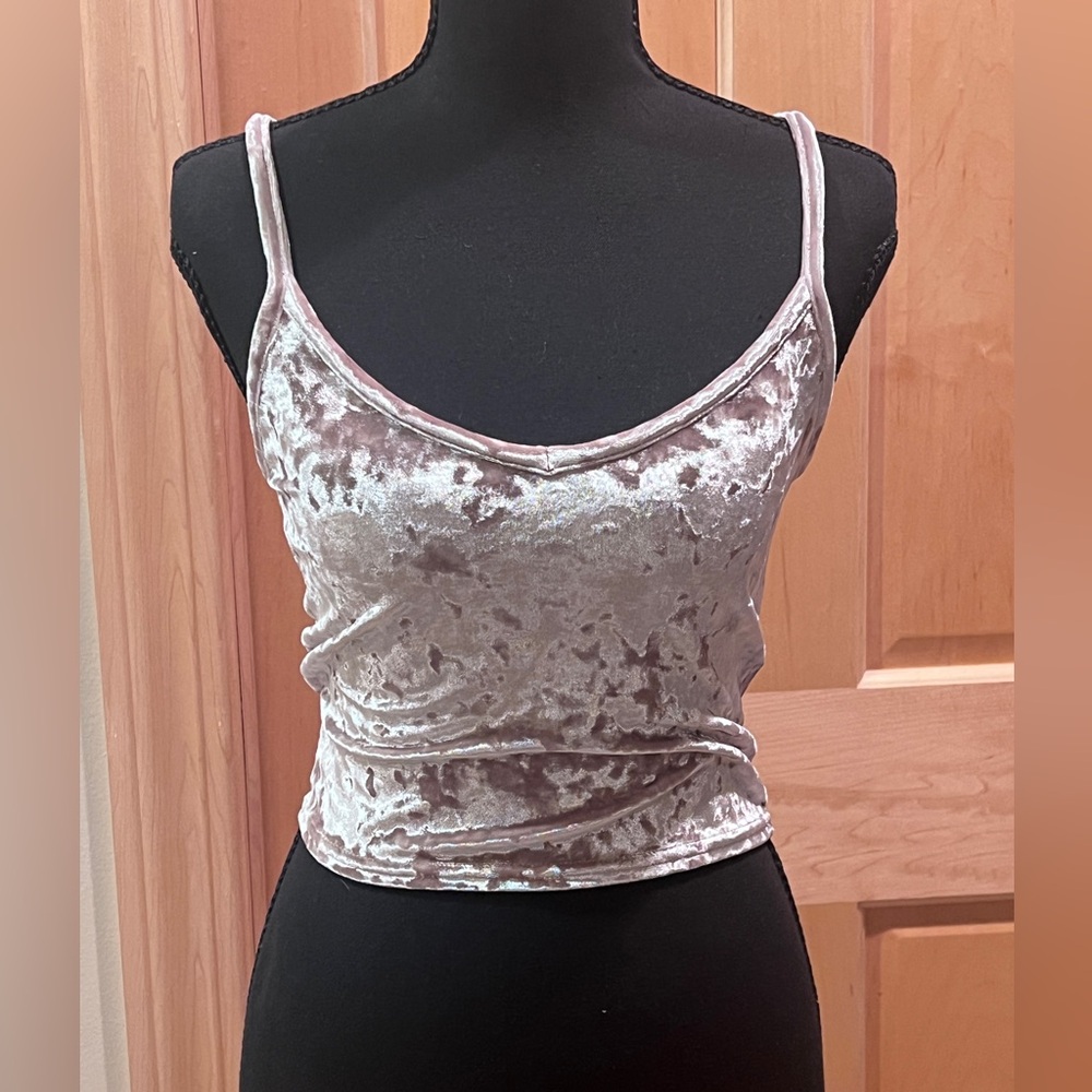 Kimchi Blue Sexy Y2K Velvet Cami Spaghetti Strap Crop Top Beige/Taupe Dainty SM